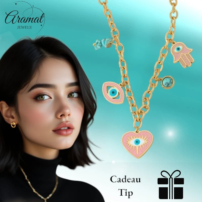 Goudkleurige stainless steel multi - charm ketting – met hamsa, boze oog & hartje – 40 + 5 cm - ket1158 - 772897 - Halskettingen kopen# - 40cm - alles - Bedelketting