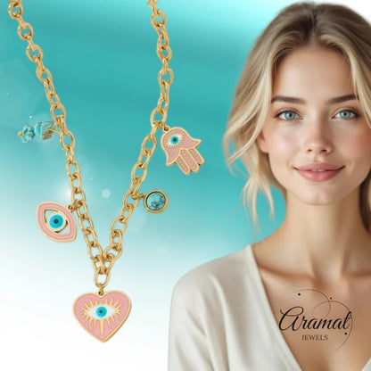 Goudkleurige stainless steel multi - charm ketting – met hamsa, boze oog & hartje – 40 + 5 cm - ket1158 - 772897 - Halskettingen kopen# - 40cm - alles - Bedelketting