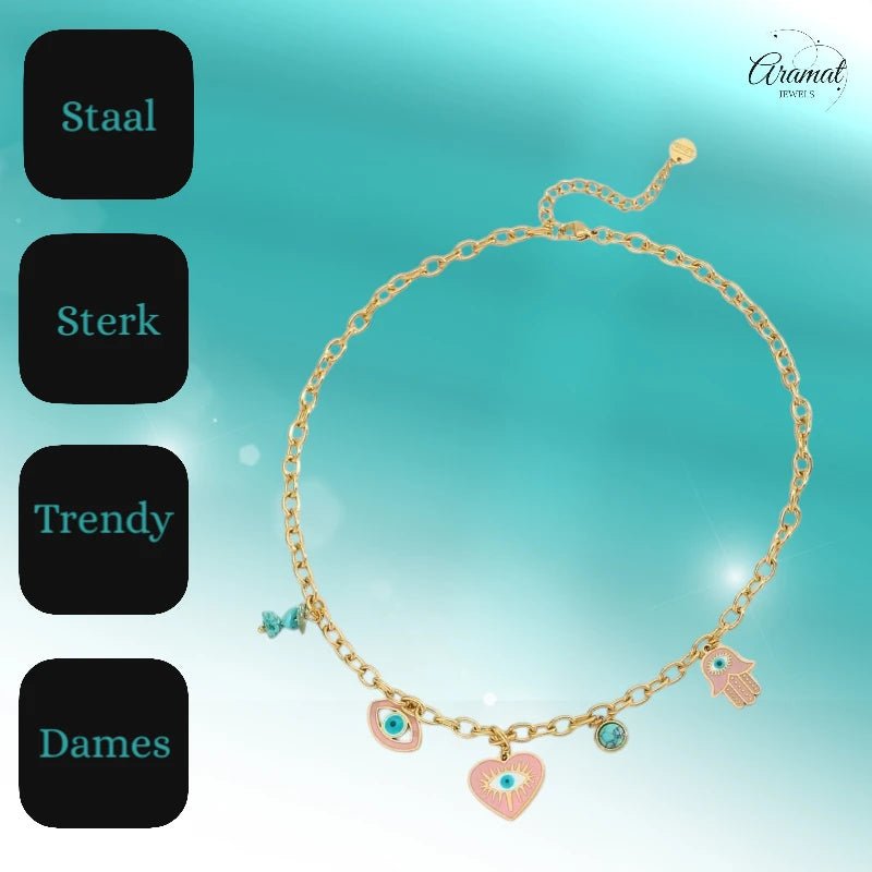 Goudkleurige stainless steel multi - charm ketting – met hamsa, boze oog & hartje – 40 + 5 cm - ket1158 - 772897 - Halskettingen kopen# - 40cm - alles - Bedelketting