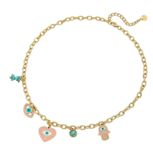 Goudkleurige stainless steel multi - charm ketting – met hamsa, boze oog & hartje – 40 + 5 cm - ket1158 - 772897 - Halskettingen kopen# - 40cm - alles - Bedelketting