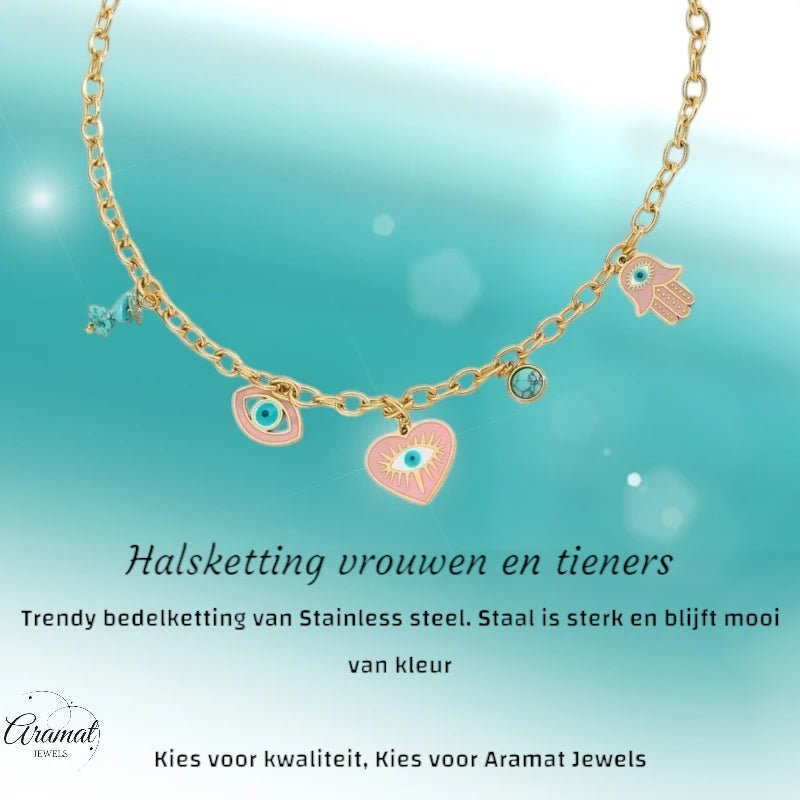 Goudkleurige stainless steel multi - charm ketting – met hamsa, boze oog & hartje – 40 + 5 cm - ket1158 - 772897 - Halskettingen kopen# - 40cm - alles - Bedelketting