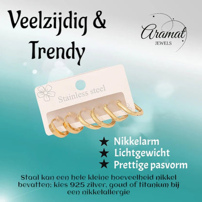 Goudkleurige stainless steel oorringen set – 2x rond + 1x vierkant – 3 paar - set20 - 153018 - Oorringen kopen# - alles - cadeau - dames