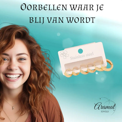 Goudkleurige stainless steel oorringen set – 3 maten ronde huggies – 3 paar - set32 - 153017 - Oorbellen kopen# - alles - cadeau - dames