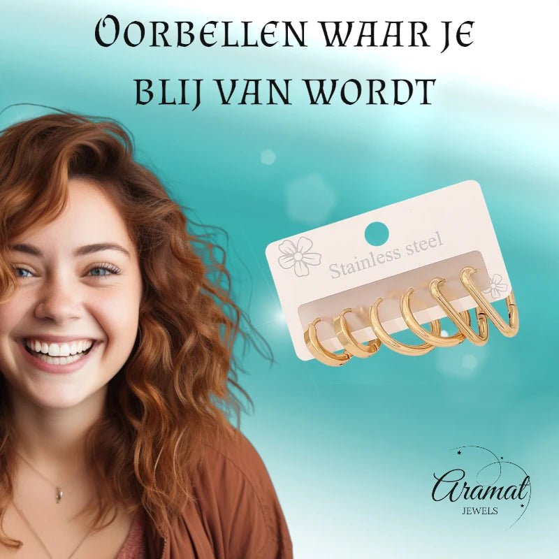 Goudkleurige stainless steel oorringenset – 2x rond + 1x driehoekig – 3 paar - set33 - 153015 - Oorbellen kopen# - alles - cadeau - dames