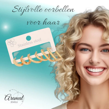 Goudkleurige stainless steel oorringenset – 2x rond + 1x rechthoekig – 3 paar - set31 - 153016 - Oorbellen kopen# - alles - cadeau - dames