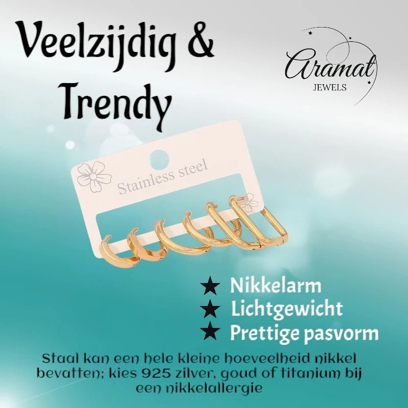 Goudkleurige stainless steel oorringenset – 2x rond + 1x rechthoekig – 3 paar - set31 - 153016 - Oorbellen kopen# - alles - cadeau - dames