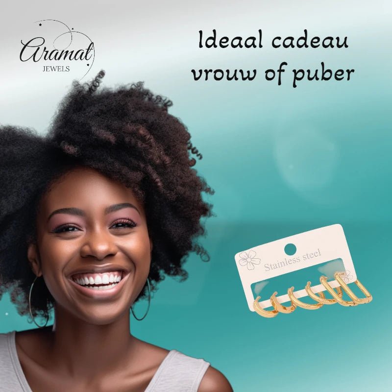 Goudkleurige stainless steel oorringenset – 2x rond + 1x rechthoekig – 3 paar - set31 - 153016 - Oorbellen kopen# - alles - cadeau - dames