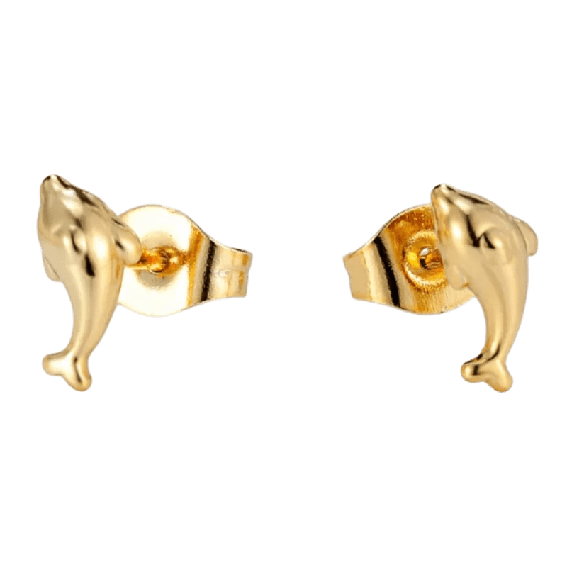Gouden oorbellen in de vorm van een dolfijn.