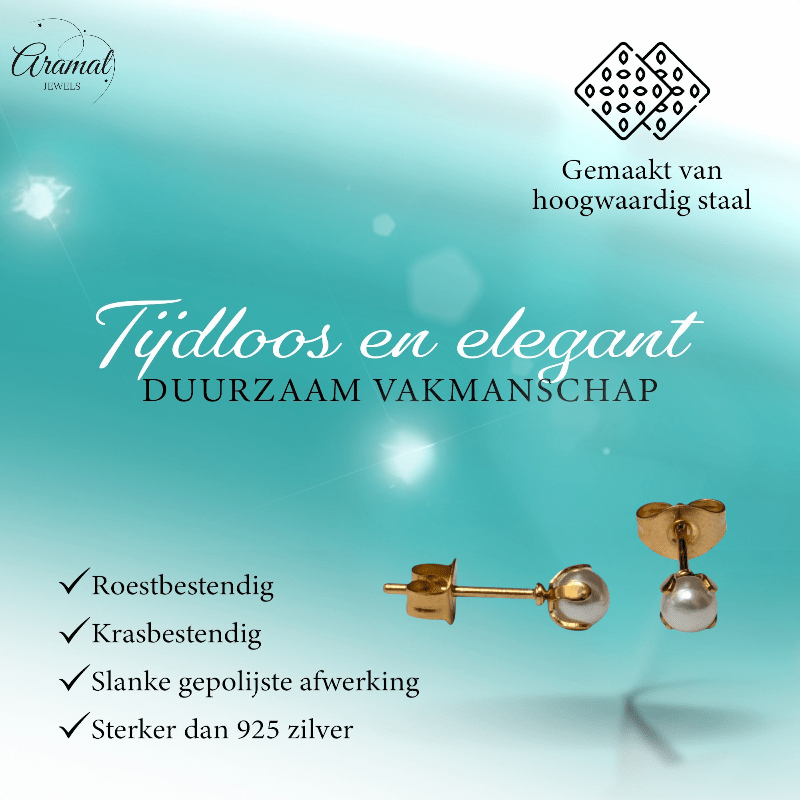 goudkleurige stalen parel oorbellen 4 mm - Aramat Jewels - Oorbellen - cadeautip