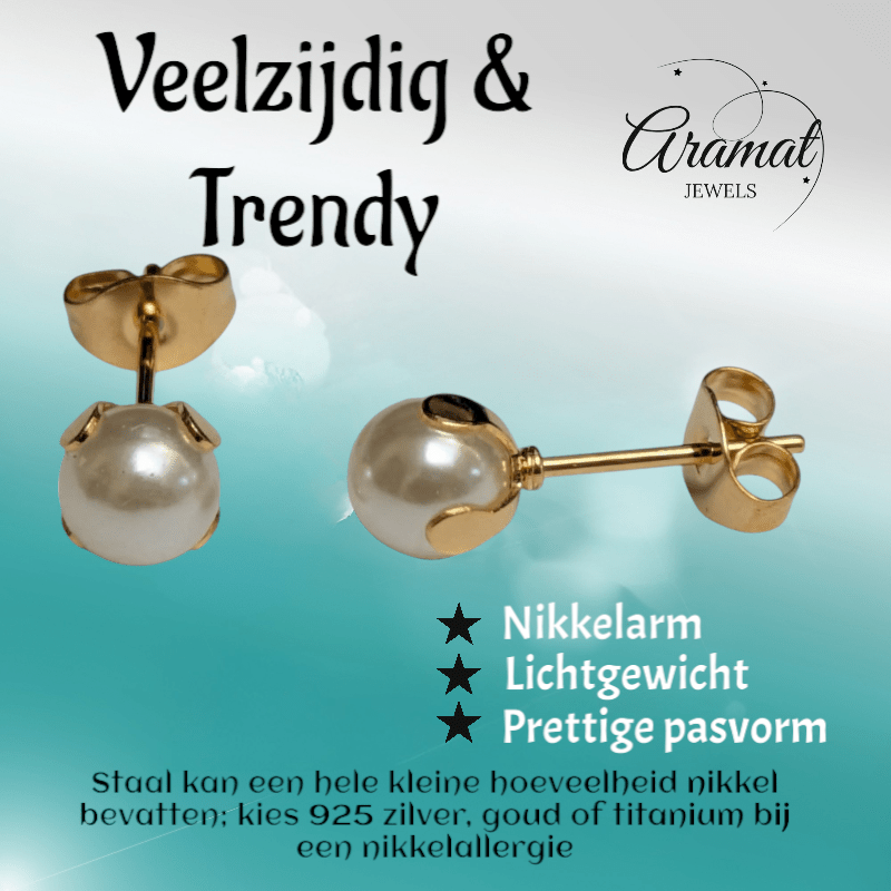 Goudkleurige Stalen Parel Oorbellen 6mm - Aramat Jewels - Oorbellen - cadeautip