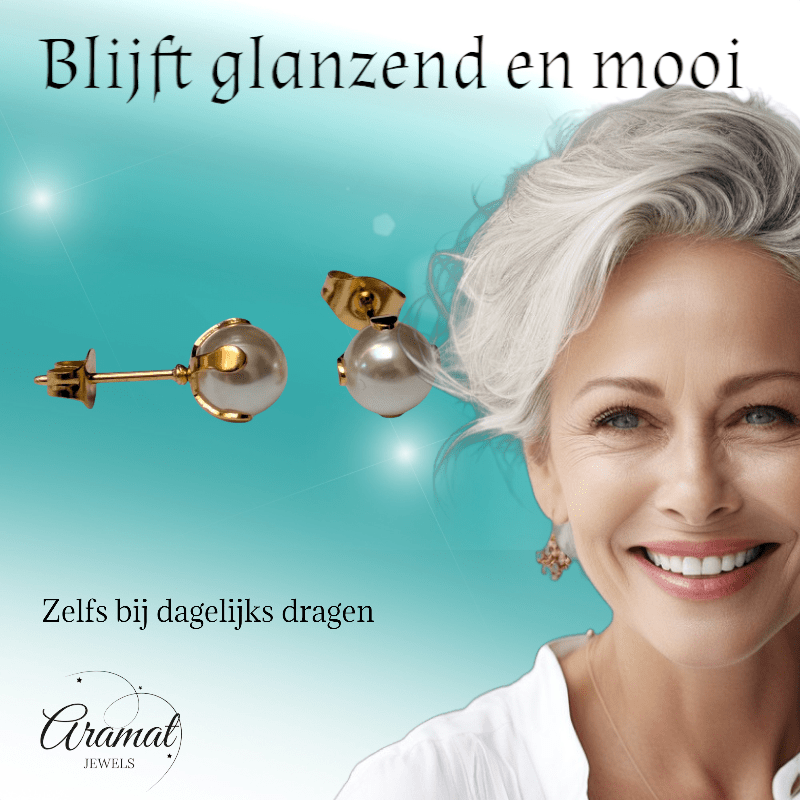 Goudkleurige Stalen Parel Oorbellen 7mm - Aramat Jewels - Oorbellen - cadeautip