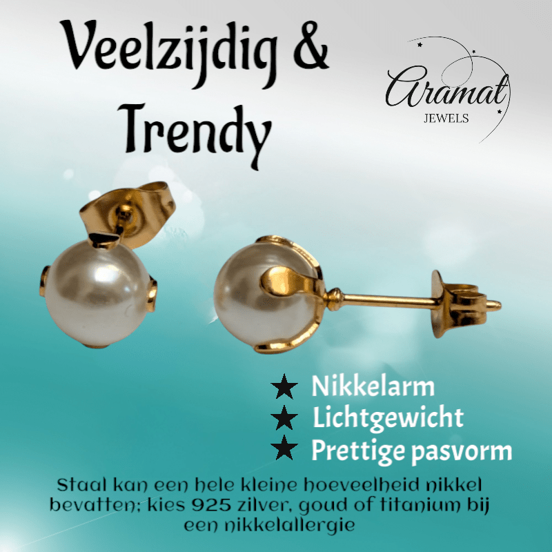 Goudkleurige Stalen Parel Oorbellen 7mm - Aramat Jewels - Oorbellen - cadeautip