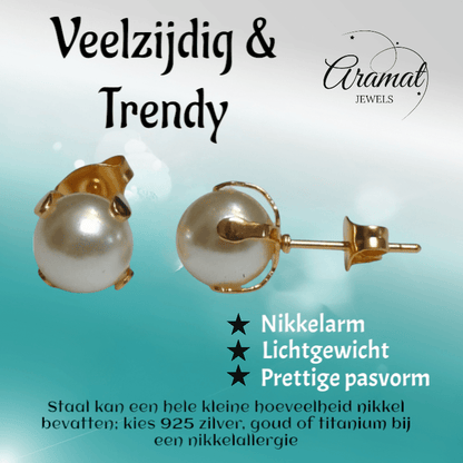 Goudkleurige Stalen Parel Oorbellen 8mm - Aramat Jewels - Oorbellen - cadeautip