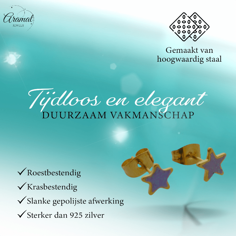 Goudkleurige Ster Oorbellen met Lila Glitters - oor6174 - YY - Oorbellen kopen# - 6mm - alles - cadeau