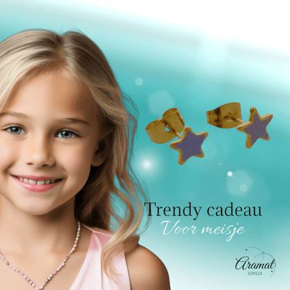 Goudkleurige Ster Oorbellen met Lila Glitters - oor6174 - YY - Oorbellen kopen# - 6mm - alles - cadeau