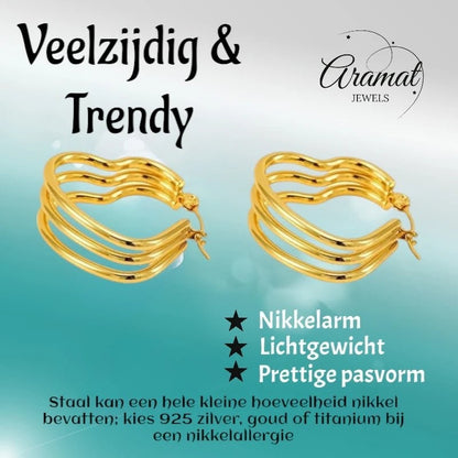 Goudkleurige Triple Hart Oorringen 25mm - oor6302 - 827752 - Oorringen kopen# - 25mm - alles - cadeau