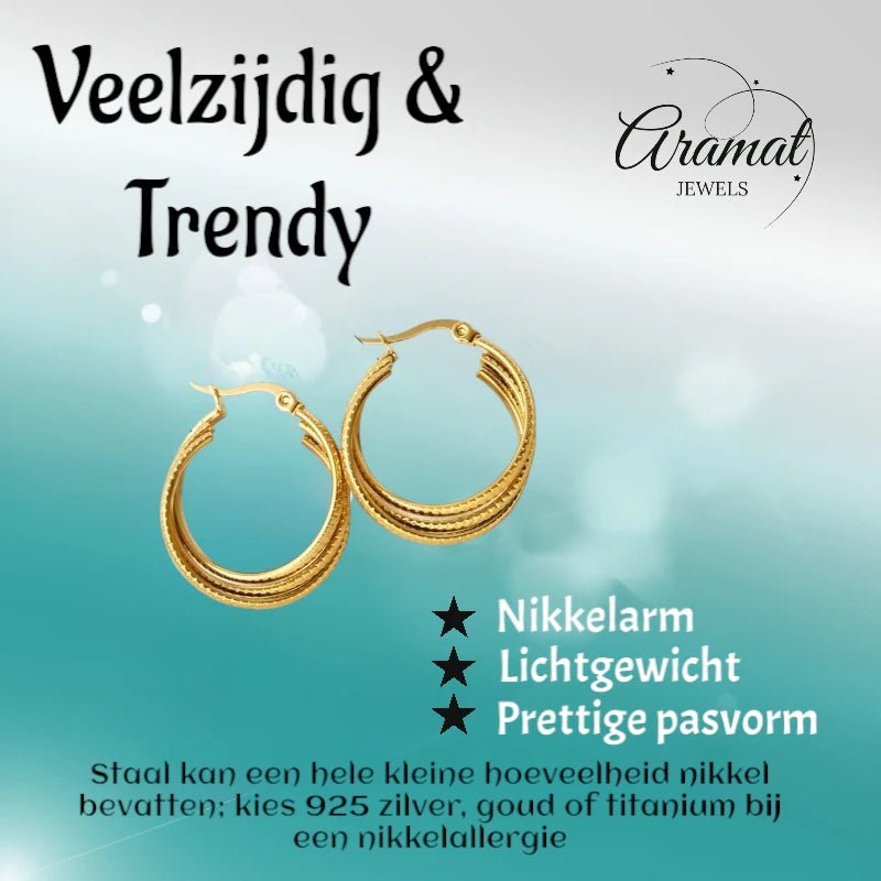 Goudkleurige Triple Oorringen 25x7,5mm – Stijlvol met streepjesmotief - oor6298 - 538787 - Oorringen kopen# - 25mm - alles - cadeau