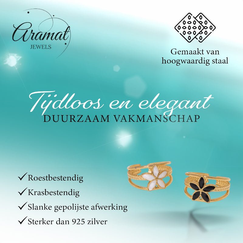 Goudkleurige Verstelbare Ring met Emaille Bloem - Triple Design (12 mm) - Aramat Jewels - Ringen - cadeautip