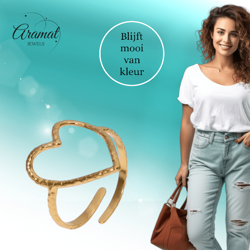 Goudkleurige Verstelbare Ring met Groot Open Hart 19mm - Stainless Steel - ring352 - 73899 - Ringen kopen# - Goudkleur - alles - boho