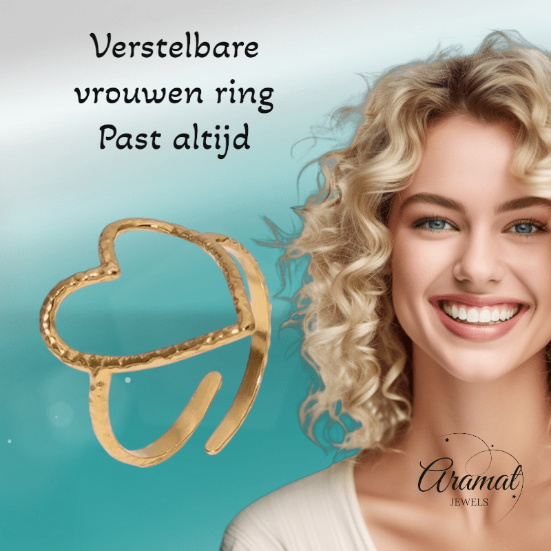 Goudkleurige Verstelbare Ring met Groot Open Hart 19mm - Stainless Steel - ring352 - 73899 - Ringen kopen# - Goudkleur - alles - boho