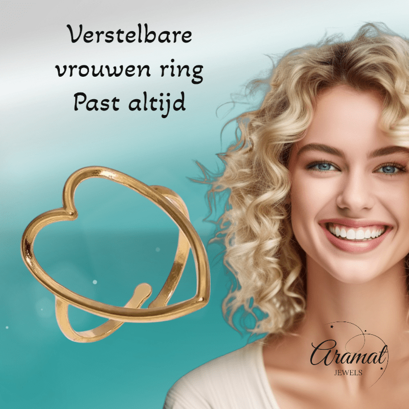 Goudkleurige Verstelbare Ring met Groot Open Hart 26mm - Stainless Steel - ring353 - 73898 - Ringen kopen# - Goudkleur - alles - boho