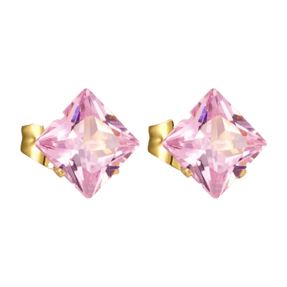 Paar vierkante roze edelsteen oorbellen met gouden zettingen.