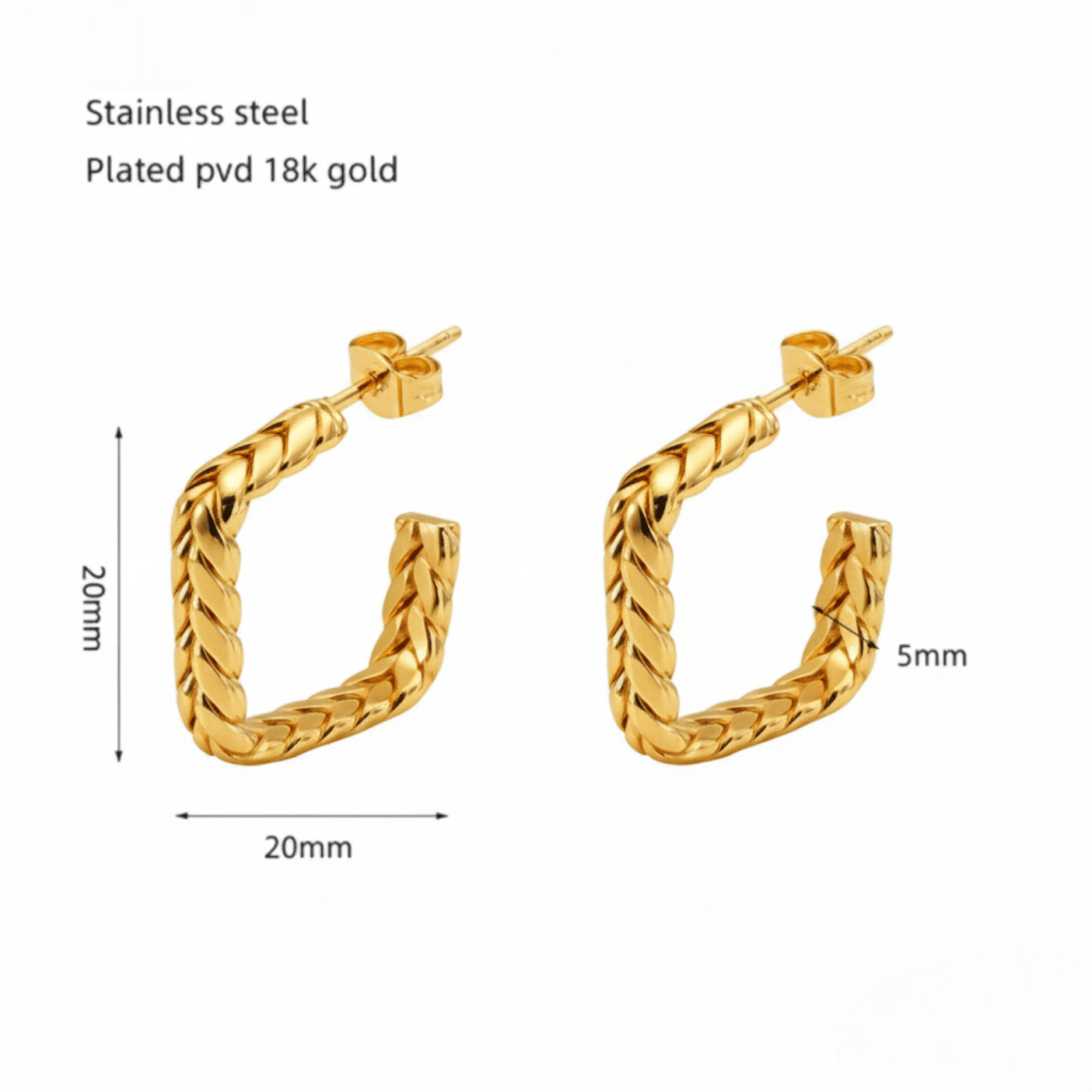 Goudkleurige Vierkante Oorringen Gourmetschakel 20x5mm RVS - Aramat Jewels - RVS Sieraden - Oorbellen - cadeautip