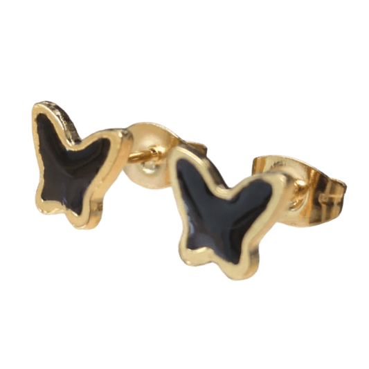 Paar gouden vlindervormige oorbellen met zwart emaille inleg.
