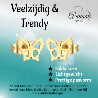 Goudkleurige vlinder oorstekers 9 mm - Aramat Jewels - Oorbellen - cadeautip