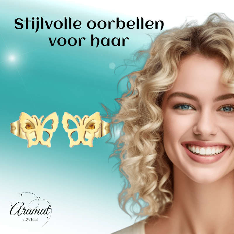 Goudkleurige vlinder oorstekers 9 mm - Aramat Jewels - Oorbellen - cadeautip