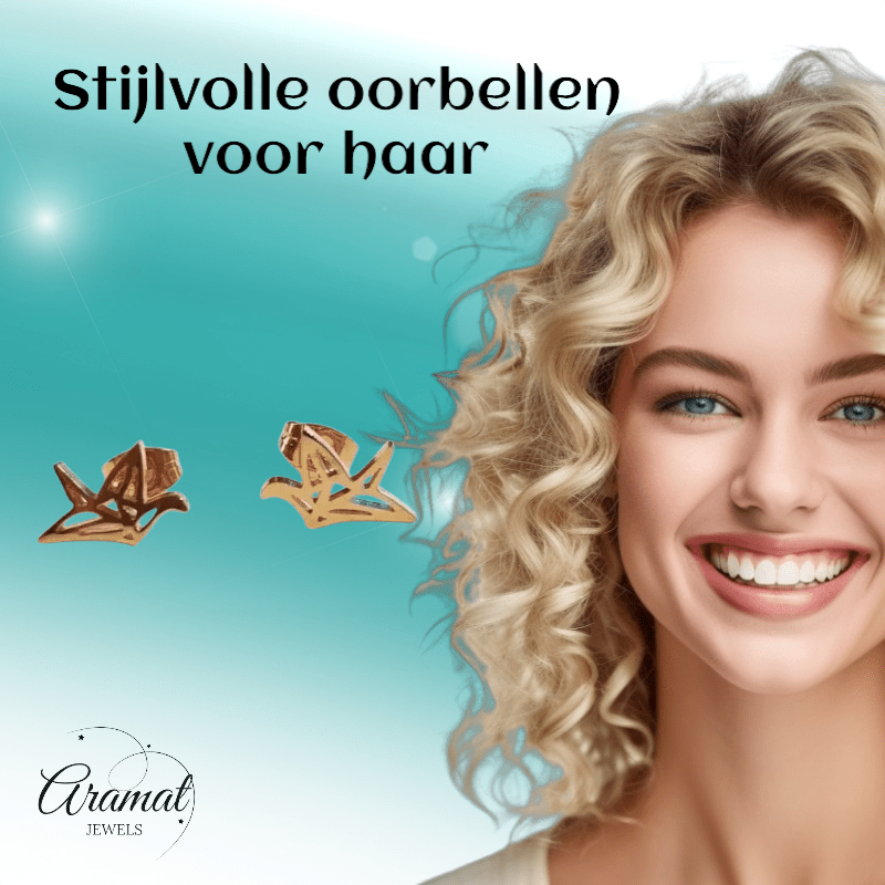 Goudkleurige Vogel Oorbellen Origami 9mm - Aramat Jewels - Oorbellen - cadeautip