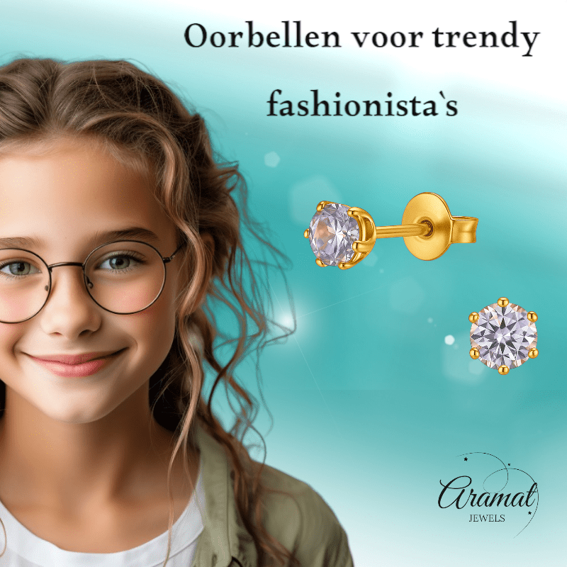 Goudkleurige Zirkonia Oorbellen 4mm Lila - Aramat Jewels - Oorbellen - cadeautip