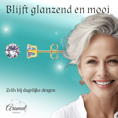 Goudkleurige Zirkonia Oorbellen 5mm Lila - Aramat Jewels - Oorbellen - cadeautip