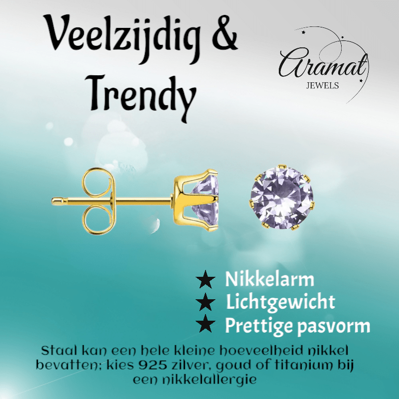 Goudkleurige Zirkonia Oorbellen 5mm Lila - Aramat Jewels - Oorbellen - cadeautip