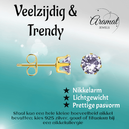 Goudkleurige Zirkonia Oorbellen 5mm Lila - Aramat Jewels - Oorbellen - cadeautip