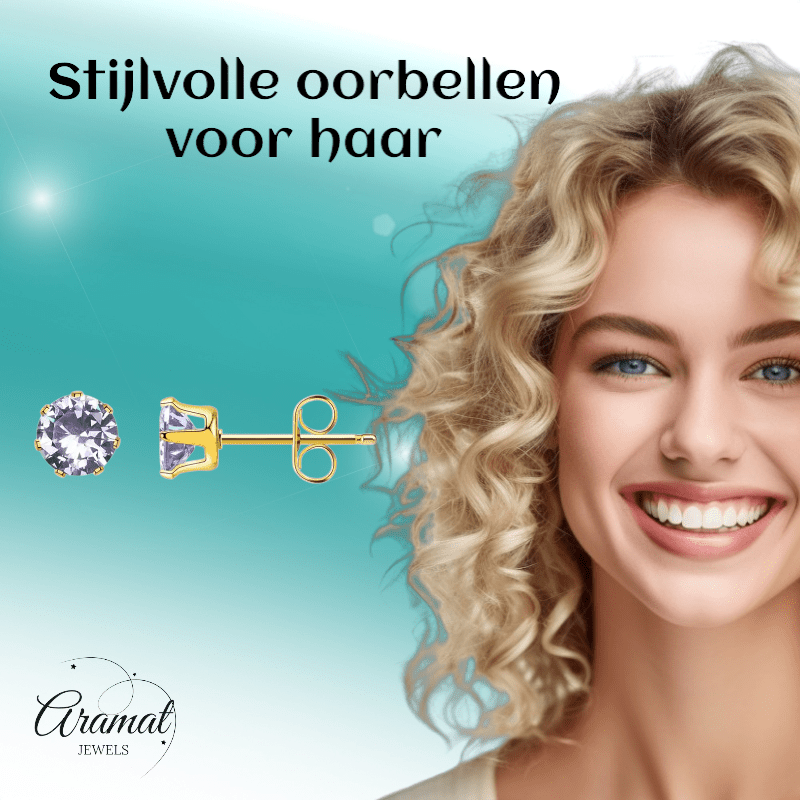 Goudkleurige Zirkonia Oorbellen 5mm Lila - Aramat Jewels - Oorbellen - cadeautip