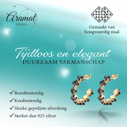Goudkleurige Zirkonia Oorringen 28x5mm RVS - 8 Steentjes - Aramat Jewels - RVS Sieraden - Oorbellen - cadeautip