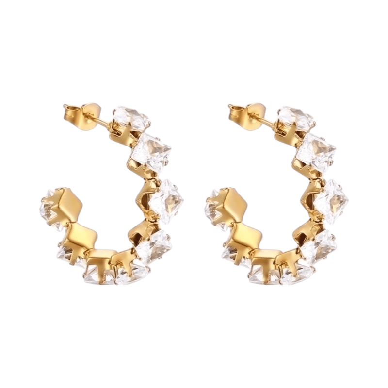 Goudkleurige Zirkonia Oorringen 28x5mm RVS - 8 Steentjes - Aramat Jewels - RVS Sieraden - Oorbellen - cadeautip