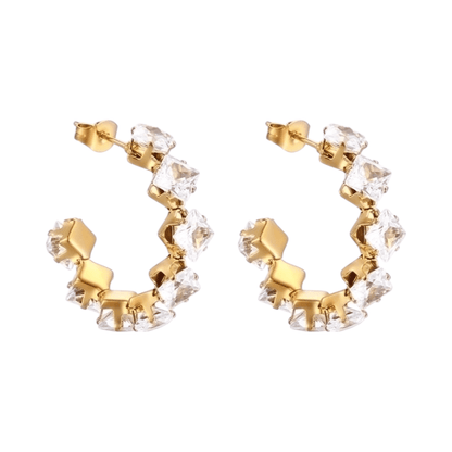 Goudkleurige Zirkonia Oorringen 28x5mm RVS - 8 Steentjes - Aramat Jewels - RVS Sieraden - Oorbellen - cadeautip