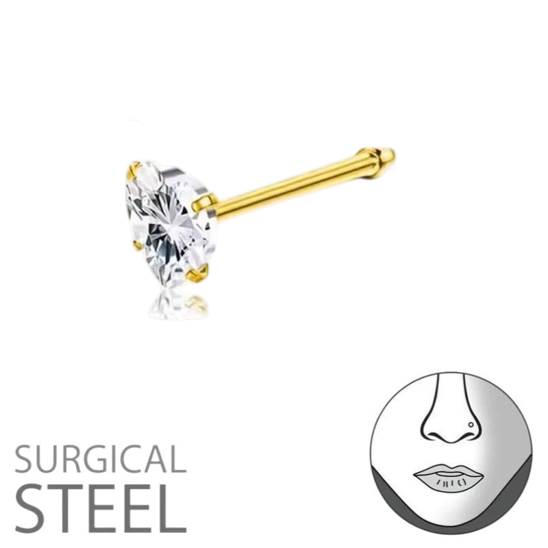 Neuspiercing Hartvormige Zirkonia 3mm Goudkleurig – Recht Staafje Staal