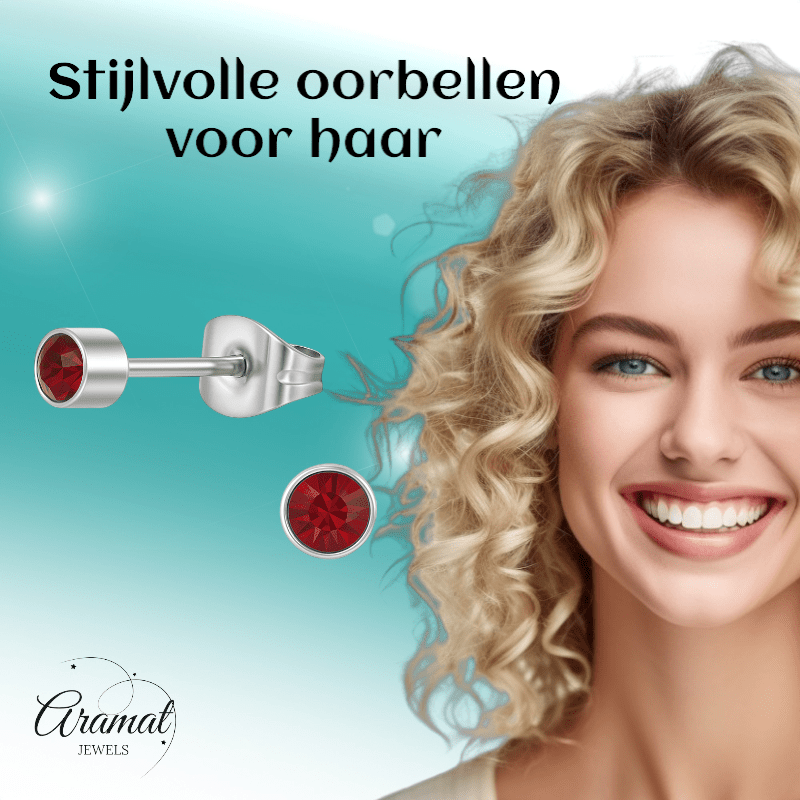 Granaatrood kristal oorstekers – 4mm zilver RVS - Aramat Jewels - Oorbellen - cadeautip