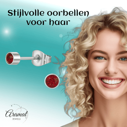 Granaatrood kristal oorstekers – 4mm zilver RVS - Aramat Jewels - Oorbellen - cadeautip