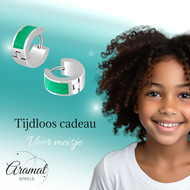 Boucles d'oreilles enfant - Acier émaillé rayé vert argenté (10 mm) 