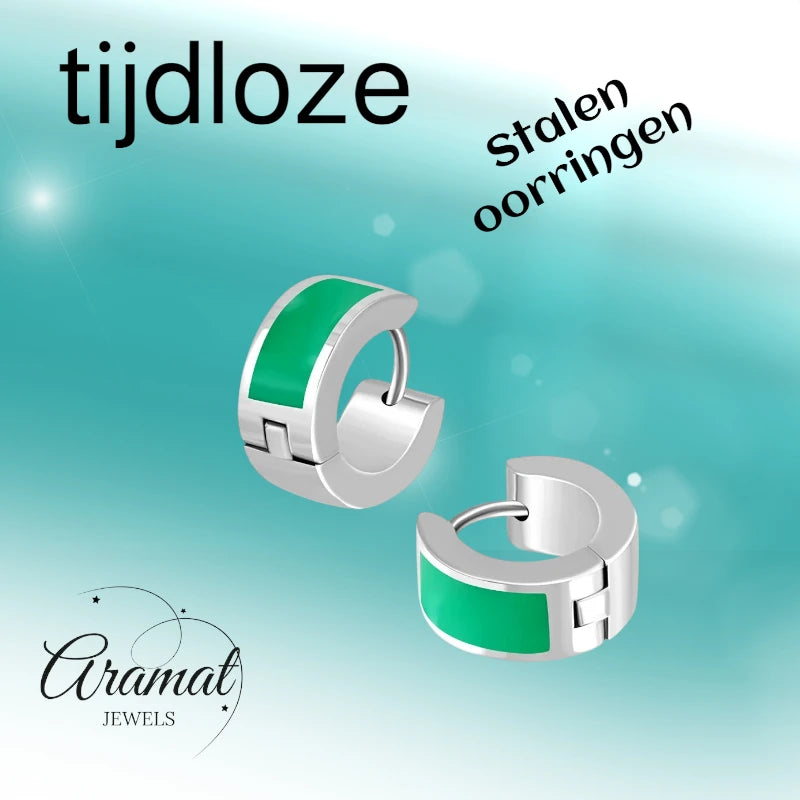 Boucles d'oreilles enfant - Acier émaillé rayé vert argenté (10 mm) 