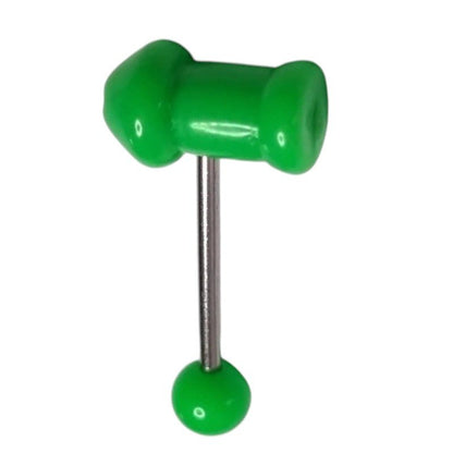 Een groene plastic dumb barbell met een metalen halter