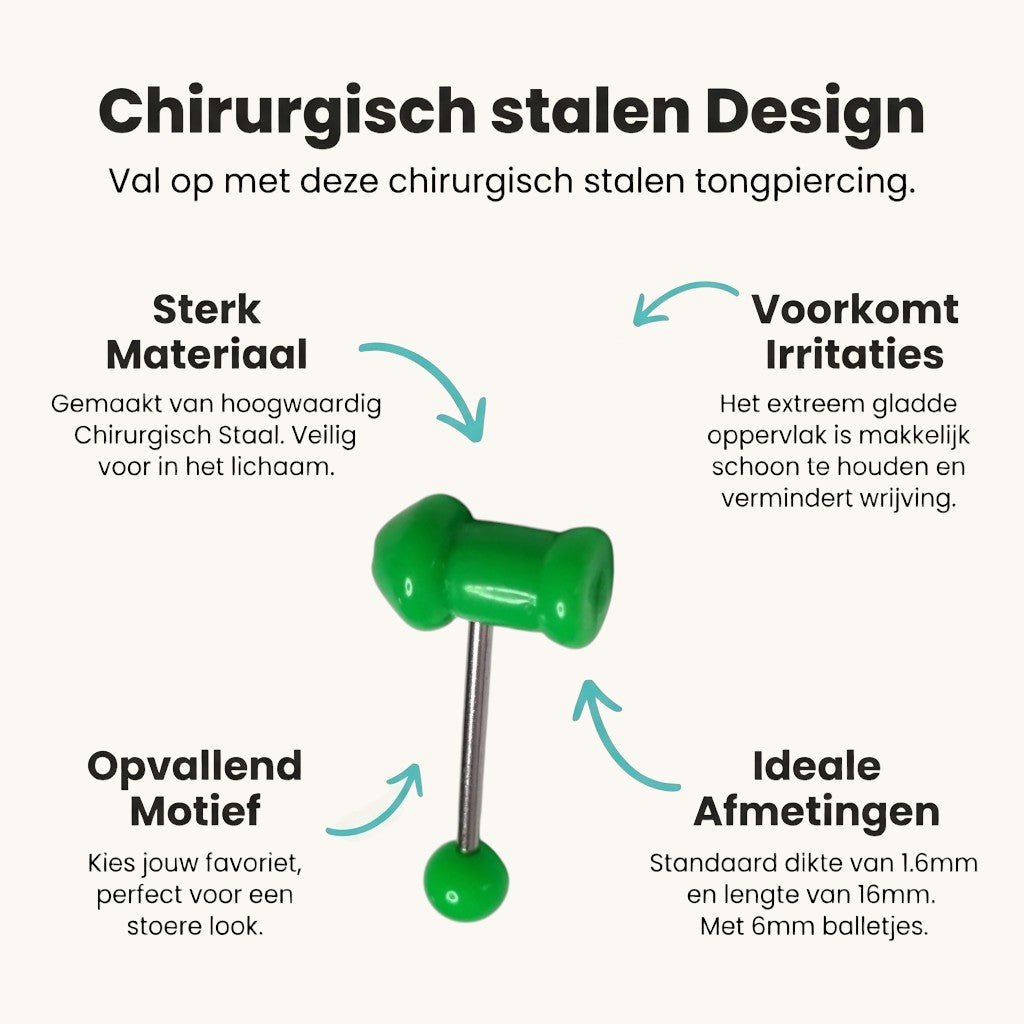 Aramat Jewels green acrylic penis tongue piercing with a steel bar and ball.