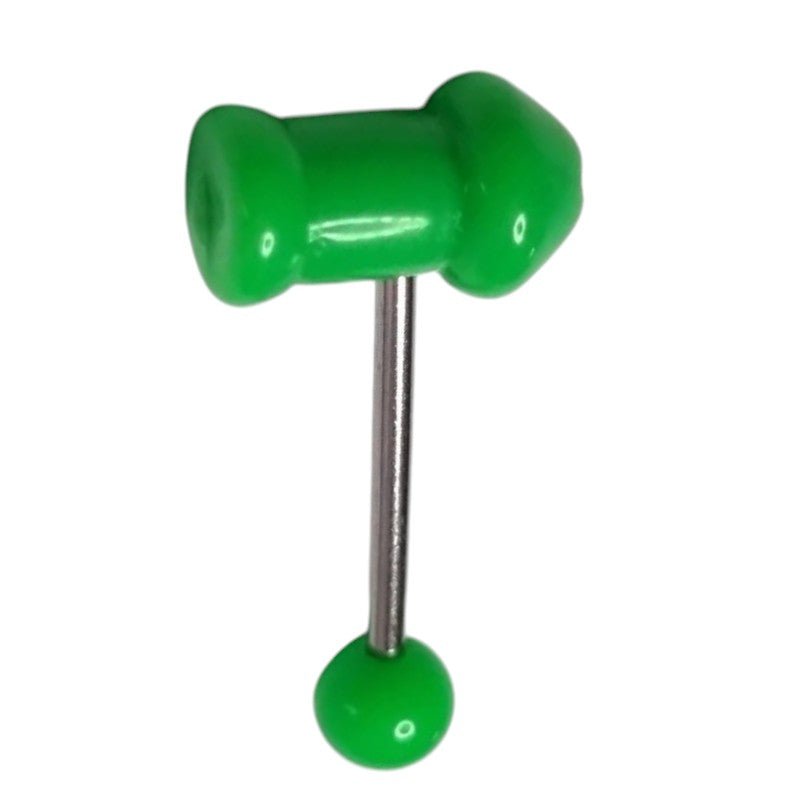 Aramat Jewels green acrylic penis tongue piercing with a steel bar and a green ball end.