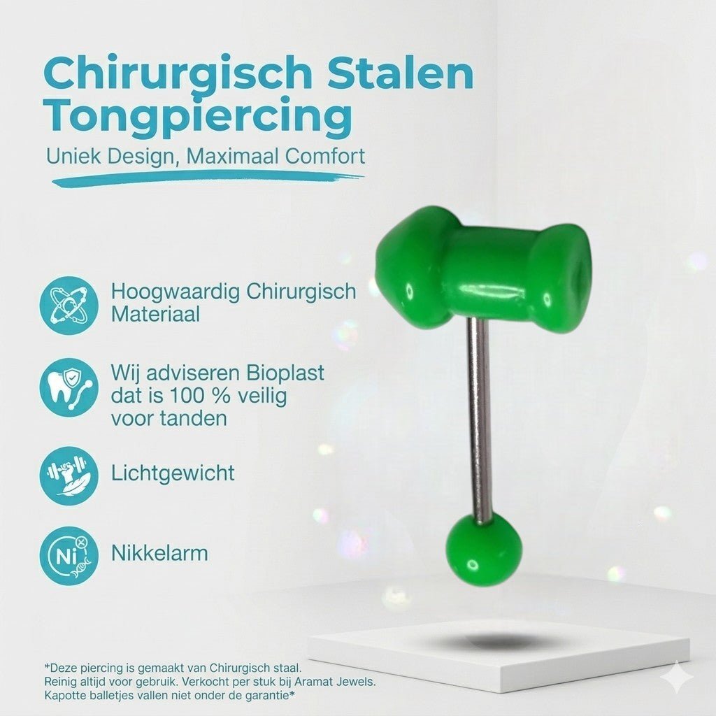 Aramat Jewels green acrylic penis tongue piercing with a steel bar and ball.