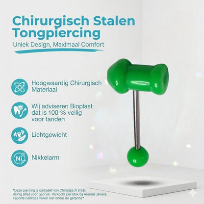 Aramat Jewels green acrylic penis tongue piercing with a steel bar and ball.