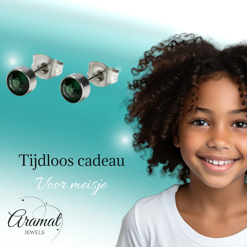 Boucles d'oreilles puces – Acier Cristal Vert foncé Argent (5 mm) 